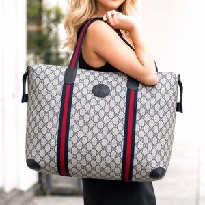 Authentic Gucci XL tote bag weekender travel bag grey navy monogram coated canva